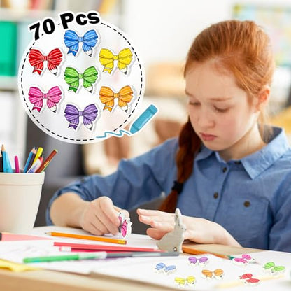 JarThenaAMCS 70 Pcs Back to School Mini Bulk Erasers Colorful Pencil Bow Shape Erasers for First Day of School Party Classroom Stationery Supplies Students Gifts Prizes Teacher Rewards - style: Colorful Pencil Bow