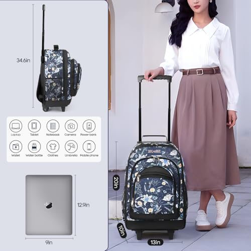 20" 2-in-1 Rolling Backpack,Backpack for Travel w/Wheels | Trolley Suitcase w/Telescopic Handle,Lightweight,Durable, Travel-Friendly, Unisex,2561-20''-Blue Lilies - color: JH-2561-Blue Lilies-20