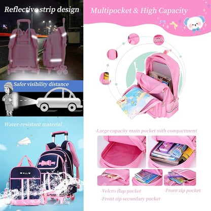 Rolling Backpack for Girls Cute Trolley Bags Primary School Bookbags with Wheels Kids Carry-On Wheeled Backpack with Lunch Bag - color: 3pcs Pink 2 Wheels, style: 2 Wheels Trolley + Backpack Sets