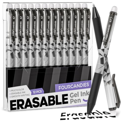 Four Candies Black Erasable Pens, 0.7 mm Fine Point Pens, 12 Pack | Make Mistakes Disappear, Erasable Pens Black, Retractable Erasable Pens for School, Journaling & Office Writing - color: 12 Black Colors