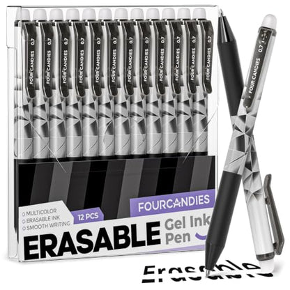 Four Candies Black Erasable Pens, 0.7 mm Fine Point Pens, 12 Pack | Make Mistakes Disappear, Erasable Pens Black, Retractable Erasable Pens for School, Journaling & Office Writing - color: 12 Black Colors