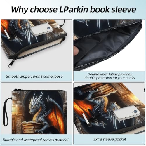 Padded Book Sleeve with Zipper & Front Pocket, Fabric Book Cover | Fantasy Book Dragon Gothic11.4"x8.7" Washable Canvas Pouch for Hardcovers, Tablets & Reading Accessories - color: Fantasy Book Dragon Gothic