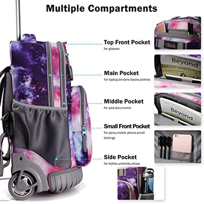 Tilami Rolling Backpack 18 inch Wheeled Backpack School College Student Travel Trip Boys and Girls - color: Galaxy Purple