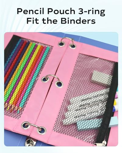 Pencil Pouch 3 Ring Binder: 3 Ring Binder Pencil Case Bag Zipper Pencil Pouch Bulk Holder Accessories Clear Window Pencil Case Aesthetic Pencil Organizer Pockets (Pink, 1), 3RB-muti - color: Pink