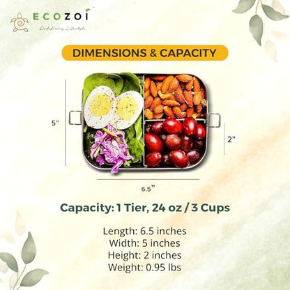 ecozoi Stainless Steel Lunch Box for Kids and Adults with 50 ml Sauce Container, 1-Tier Metal Bento Box Leak Proof with 5 Compartments, 50 Oz Metal Lunch Container, Meal Prep Food Container, - size: 3 Compartment 24 Oz