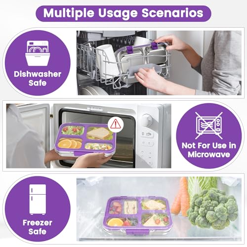 Stainless Steel Bento Box for Kids Adults with Silicone Container, Leak Proof 4 Compartments Metal Lunch Box, Removable Silicone Seal & Clear Lid Food Container for School Office, BPA-Free(Purple) - color: Purple