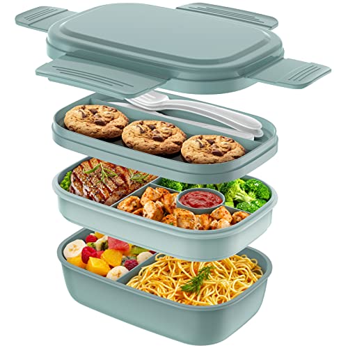 HOMETALL Adult Lunch Box,3 Stackable Bento Lunch Containers for Adults, Modern Minimalist Design Bento Box with Utensil Set, Leak-Proof Lunchbox for Dining Out, Work, Picnic - color: Green