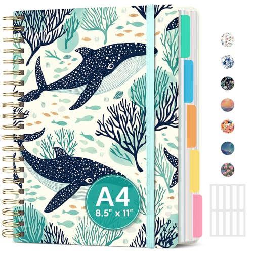 Large Spiral Lined Notebooks for Work with Removable Dividers & Tabs, 8.5"x11" Pretty Hardcover 5 Subject Notebook Journal for Women, College Ruled, Perfect for Study & Office Organization, 280 Pages,Drifting Whales - color: S - Drifting Whales