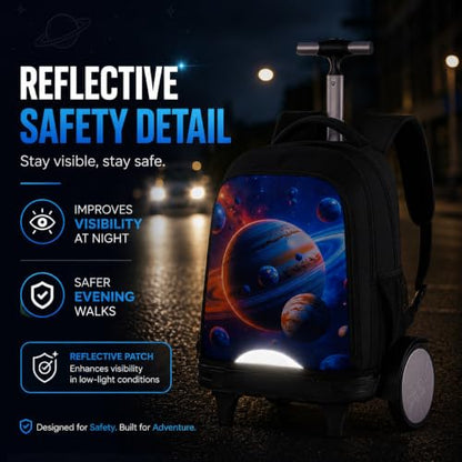 gxtvo Large Wheels & Quiet Glide | Rolling Backpack for Kids - Water-Resistant Wheeled Bag with Lunch Box for School, Travel & Outings - Space Planets - color: Rolling Backpack Space Planets Black