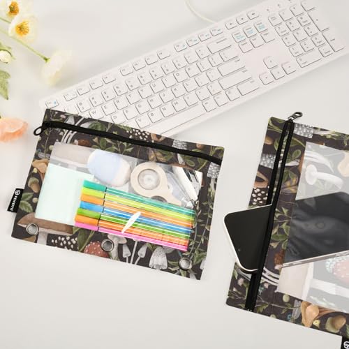 ZAZYXTJ Mushroom Binder Pencil Pouchs 3 Ring with Zipper Clear Window Office Organizers bag for School Students Teacher Supplies 2 Pack - color: Mushroom