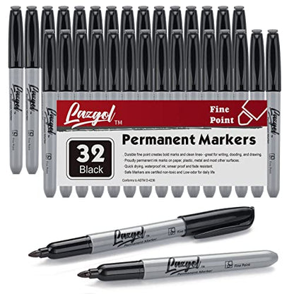 LAZGOL Permanent Markers Bulk, 32 Pack Black Permanent Marker Set, Fine Tip, Waterproof Markers, Premium Smear Proof Pens, Waterproof, Quick Drying, Office Supplies for School, Office, Home - style: Fine（Black