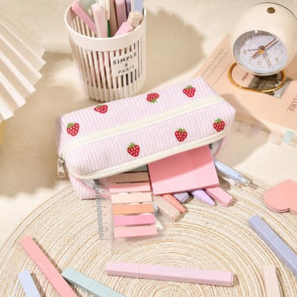 22Pcs Book Annotation Kit Aesthetic Pencil Case with Supplies School Annotation Supplies Gel Pen Transparent Sticky Note Taking Bible Study College Stationery Supplie (Pink Strawberry) - color: Pink Strawberry