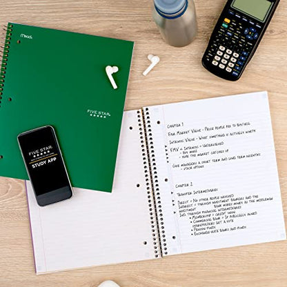 Five Star Spiral Notebook + Study App, 3 Subject, College Ruled Paper, Fights Ink Bleed, Water Resistant Cover, 8-1/2" x 11", 150 Sheets, Green (72067) (Pack of 6) - color: Green, size: 1 Count (Pack of 6)