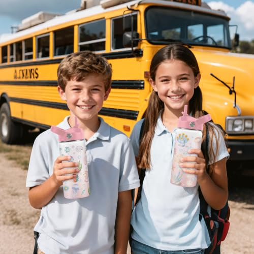 Hiboss Ocean Gifts for Kids, 16oz Pink Girls Water Bottle with Straw Lid, Stainless Steel Insulated Beach Cup Tumbler, Marine Life Lovers Birthday Gifts for School Sport Travel - color: Ocean