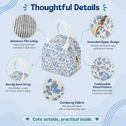 Bento Lunch Box Set for Women, with 12oz Soup Thermo, with Leak-Proof Food Containers, Insulated Lunch Bag for Girls for Travel Picnic - color: Blue Flowers
