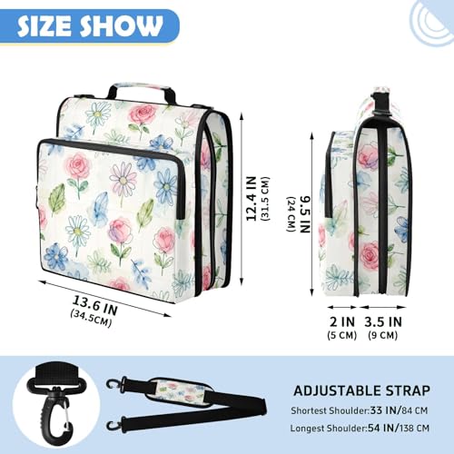 Floral Leaves Zipper Binder with 2 Inch D-Rings Expandable File Portfolio with Shoulder Strap, Waterproof Nylon Organizer for 14" Laptop for Work College Travel