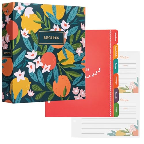 Jot & Mark 8.5" x 9.5" 3 Ring Recipe Binder with 50 Matching 4x6 inch Recipe Cards, 25 Top & Bottom Binder Sleeve Sheet Protector, 5 Full-Page Undivided Sleeves, 6 Sturdy Divider Tabs, Winter Orchard | 50 Recipe Cards + 25 Sleeve Protectors + 5 Full-Page