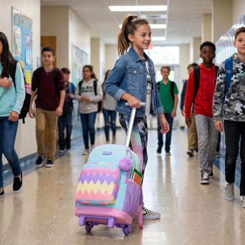 Girls Rolling Backpack with Lunch Box School Backpacks with Wheels 16.5" Roller Backpack for Girls, 3pcs Kids Wheeled Bookbag for Elementary School - color: Duosejieti