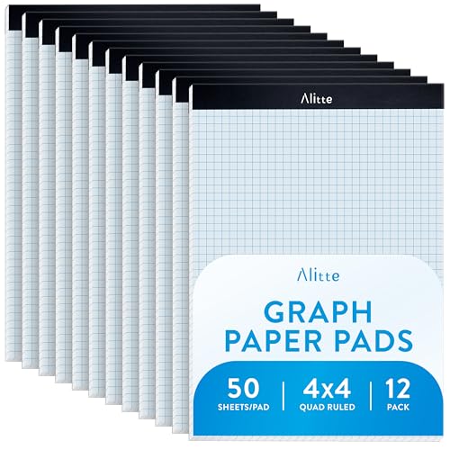 Alitte Graph Paper Pad, Pack of 12, White Letter Size - 4x4 Quad Grid Paper, Easy-Tear Perforations, 8.5 x 11 Cardboard Backing - Graph Notepads for School, Office -50 Sheets per Pad - size: 4x4 sq/in 12 Pack