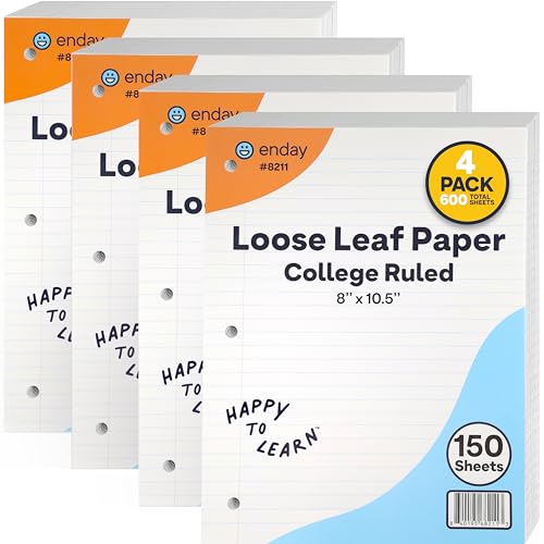 Loose Leaf Paper Notebook Paper, 8" x 10.5" Filler Paper White, 3 Hole Punched Binder Paper for 3 Ring Binders, Lined Paper 150 Sheets Per Pack - By Enday (4 Pack, College Ruled) - size: 4 Pack
