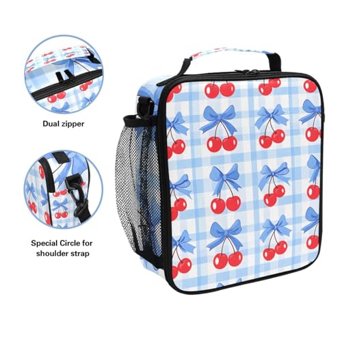 ALAZA Cherry Blue Bow Lunch Box Insulated Lunch Bag Kids Cooler Tote Bag Freezable Shoulder Strap Lunchbox for Girls School Picnic - color: Multi50