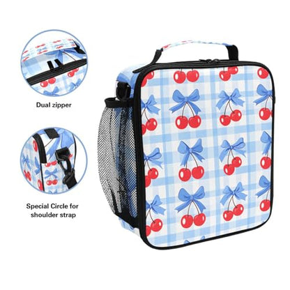 ALAZA Cherry Blue Bow Lunch Box Insulated Lunch Bag Kids Cooler Tote Bag Freezable Shoulder Strap Lunchbox for Girls School Picnic - color: Multi50