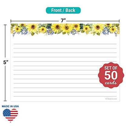 321Done Ruled Note Cards, Sunflower 5x7 Thick Index Cards - Plain White Card Stock, Notecards & Stationery with Lines for Writing, Stamping - Made in USA, Set of 50 - No Envelopes - color: Lines, size: Large (5 x 7)