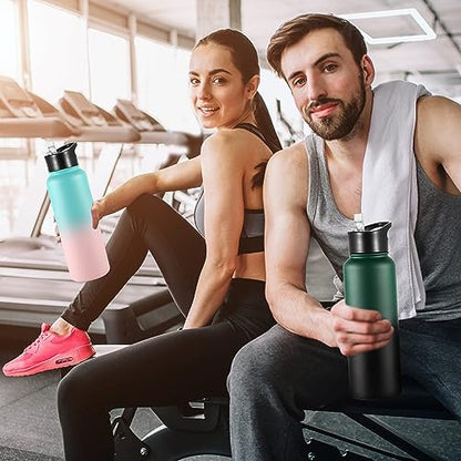 VEGOND 40 oz Insulated Water Bottle Stainless Steel Metal Water Bottles with Leak Proof Straw Lid & Spout Lid, Wide Mouth Double Walled Vacuum Travel Sports Bottle Cup, Green Pink - color: Bubble Gum, size: 40 Ounces