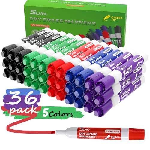 SUIN Dry Erase Markers, Chisel Tip Whiteboard Markers, Low Odor White Board Markers, Chisel Tip Marker, Whiteboard Marker, Assorted 5 Colors, 36 Count - color: Assorted 5 Colors