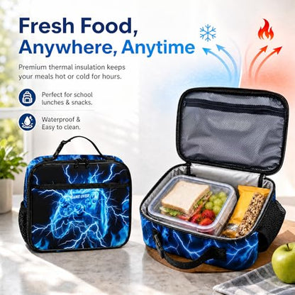 Game Backpack Set for Boys Kids, Gaming Kids Boys Backpack with Lunch Box, Pencil Bag and Coin Purse. Game School Bag 17" (Blue) - color: Blue-2