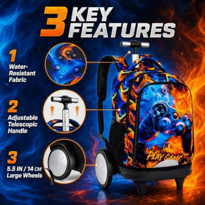 KLFVB Big Quiet-Glide Wheels Rolling Bookbag, 3-in-1 Wheeled Backpack Set with Lunch Bag | Water-Resistant Roller Bag for Boys, School, Travel, Play - Flame Game Controller - color: Rolling Backpack with Big Wheels - Flame Game