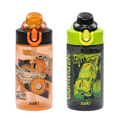 Zak Designs Hot Wheels Sage Kids Water Bottle For School or Travel, 16oz Durable Plastic Water Bottle With Straw, Handle, and Leak-Proof, Pop-Up Spout Cover, 2-Pack Set (Monster Trucks) - color: Hot Wheels (Monster Trucks)
