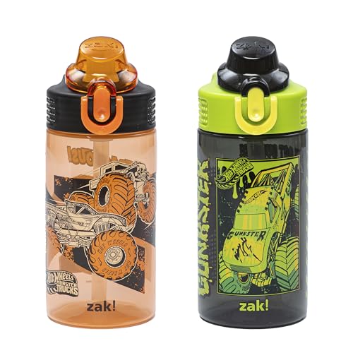 Zak Designs Hot Wheels Sage Kids Water Bottle For School or Travel, 16oz Durable Plastic Water Bottle With Straw, Handle, and Leak-Proof, Pop-Up Spout Cover, 2-Pack Set (Monster Trucks) - color: Hot Wheels (Monster Trucks)