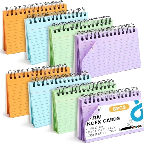 Koogel Colored Spiral Index Cards 3x5 Ruled, Assorted Colors Spiral Bound FlashCards with Waterproof Cover, Tear-Off Note Cards with Ring for Studying & School, 400 Count (5 Packs of 80) - color: 4 colors-1