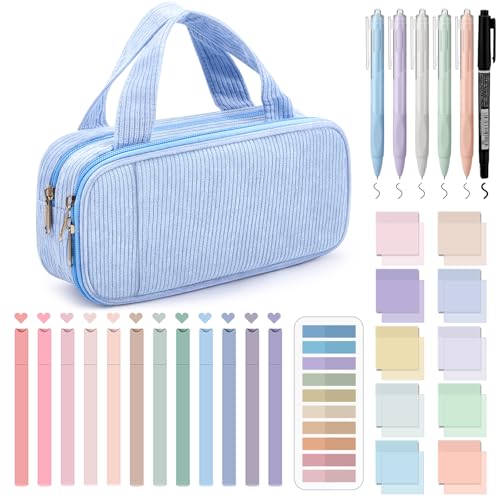 Jutom 39 Pcs Aesthetic Book Annotation Kit Highlighter with Case Bag Gel Pen Transparent Sticky Note Taking Bible Supplies(Light Blue,Classic Style) - color: Light Blue, style: Classic Style