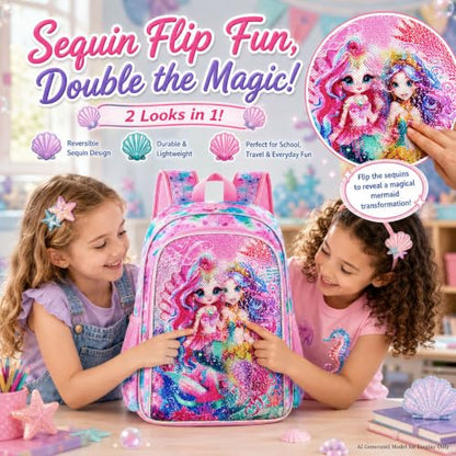 gxtvo 3PCS Girls Backpack, 16" Sequin Prechool Elementary Bookbag and Lunch Box - color: Bk Mermaid Pink New