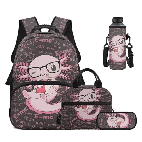 17 Inch School Backpack for Kids 5-12 Girls, Pink Axolotl Book Bag with Lunch Box Pencil Case Water Bottle Case Back to School Supplies - color: Pink Axolotl