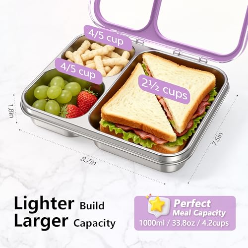HOMEKOL Stainless Steel Bento Lunch Box 3-Compartment, 4.2Cups, Purple | Leak-Proof Metal Lunch Container for Kids & Adults, BPA-Free, Dishwasher Safe, Clear Tritan Lid, 1000ml (Not Insulated) - color: Purple, size: 34oz (1000ml)