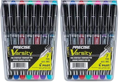 PILOT Pen 90029 Precise Varsity Pre-Filled Fountain Pens,Medium Point Stainless Steel Nib,Black/Blue/Red/Pink/Green/Purple/Turquoise,Pouch,7 Count (Pack of 2) - color: Black/Blue/Red/Pink/Green/Purple/Turquoise, size: 7 Count (Pack of 2)
