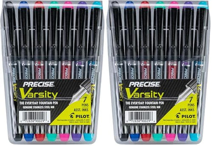 PILOT Pen 90029 Precise Varsity Pre-Filled Fountain Pens,Medium Point Stainless Steel Nib,Black/Blue/Red/Pink/Green/Purple/Turquoise,Pouch,7 Count (Pack of 2) - color: Black/Blue/Red/Pink/Green/Purple/Turquoise, size: 7 Count (Pack of 2)