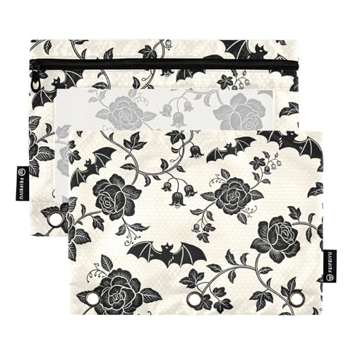 Goth Bats Pencil Pouches for 3 Ring Binder, Zipper Binder Pencil Case, 2 Pack Clear Window Case Bag for Office Organizers - color: Goth Bats 1