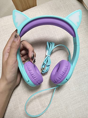 Olyre Kitty Headphones for Kids, Wired Cat Ears Headset, Dual Audio Port | Lightblue; LED Light-Up;On-ear headset; Built-in audio sharing jack; Microphone for children, toddlers, boys, girls - color: Lightblue