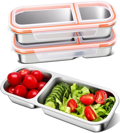 KTKUDY 3 Pack Stainless Steel Snack Containers for Kids & Adults - Large - Leak-Proof 2-Compartment Stackable Snack Lunch Boxes for Daycare, School, Work & Travel - size: 3 Pack-2 Sections