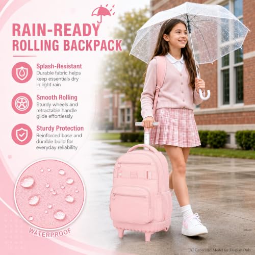 HPJGD 3PCS Girls Rolling Backpack, Womens Pink School Backpacks with Wheels, Water Resistant Roller Kids Wheeled Bookbag Set - color: Classic Pink Rolling Backpack Set