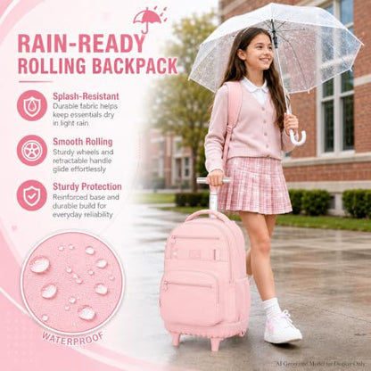 HPJGD 3PCS Girls Rolling Backpack, Womens Pink School Backpacks with Wheels, Water Resistant Roller Kids Wheeled Bookbag Set - color: Classic Pink Rolling Backpack Set