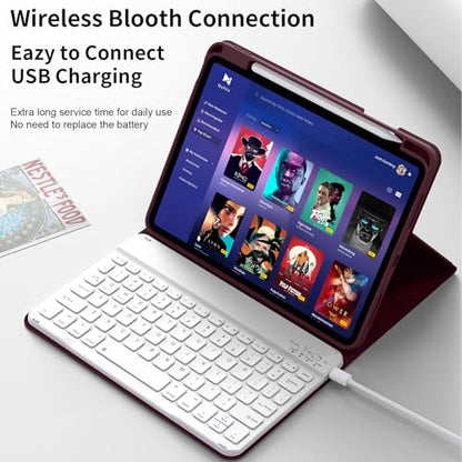 kenke for iPad 11/10th Gen Case with Keyboard 11/10.9 inch 2025 A16/2022, Detachable Wireless Bluetooth Keyboard Case with Built-in Bulit-in Pencil Holder, White Square Keycaps (Dark Cherry) - color: Cherry