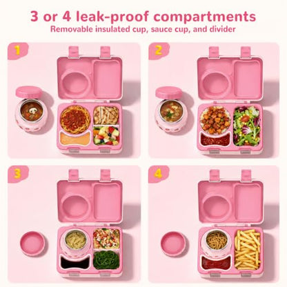 Kids Lunch Box with Thermo, Leakproof Bento Box for Kids with 8OZ Insulated Food Jar, Ice Pack, Sauce Cup, Utensils, Removable Tray & Dividers for School Daycare Travel (Strawberries) - color: Strawberries