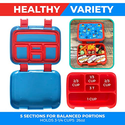 kinsho Bento Lunch Box for Kids Toddlers Boys, 5 Portion Sections Secure Lid, Microwave Safe BPA Free Removable Tray, Pre-School Kid Daycare Lunches Snack Container Ages 3 to 5, Blue Pirates - color: Blue Pirate Bento