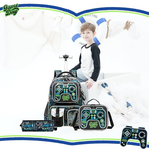 Meetbelify Kids Rolling Backpack with Wheels for Boys Rolling Backpacks with Lunch Box for Elementary School Students 3 in 1 Travel Luggage Suitcase for Boys Age 8-10 - color: Boy 05