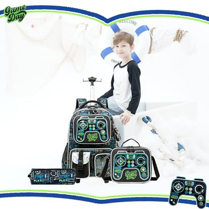 Meetbelify Kids Rolling Backpack with Wheels for Boys Rolling Backpacks with Lunch Box for Elementary School Students 3 in 1 Travel Luggage Suitcase for Boys Age 8-10 - color: Boy 05